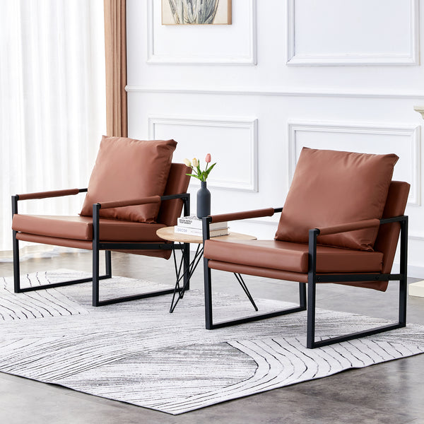 2-piece set of sofa chairs. PU leather armchair Modern metal frame upholstered armchair Super thick upholstered backrest and cushion Living room sofa chair (brown PU leather+metal frame+foam) SF-008