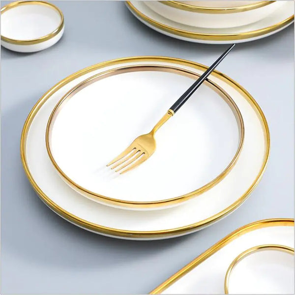 High-quality Matte Gilt Rim White Porcelain Dinner Tray Kitchen Plates Ceramic Tableware Food Dishes Rice Salad Noodles Bowl