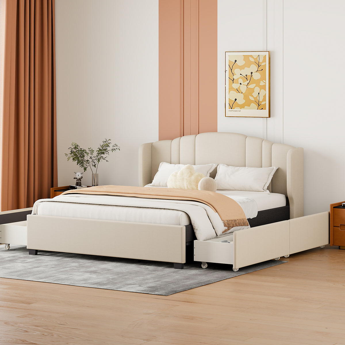 Upholstered Platform Bed with Wingback Headboard and 4 Drawers, No Box Spring Needed, Linen Fabric, Queen Size Beige