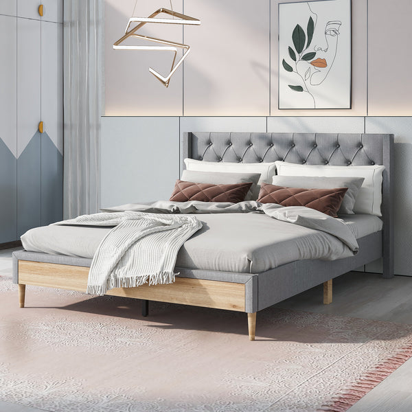Upholstered Platform Bed with Rubber Wood Legs,No Box Spring Needed, Linen Fabric,Queen Size-Gray