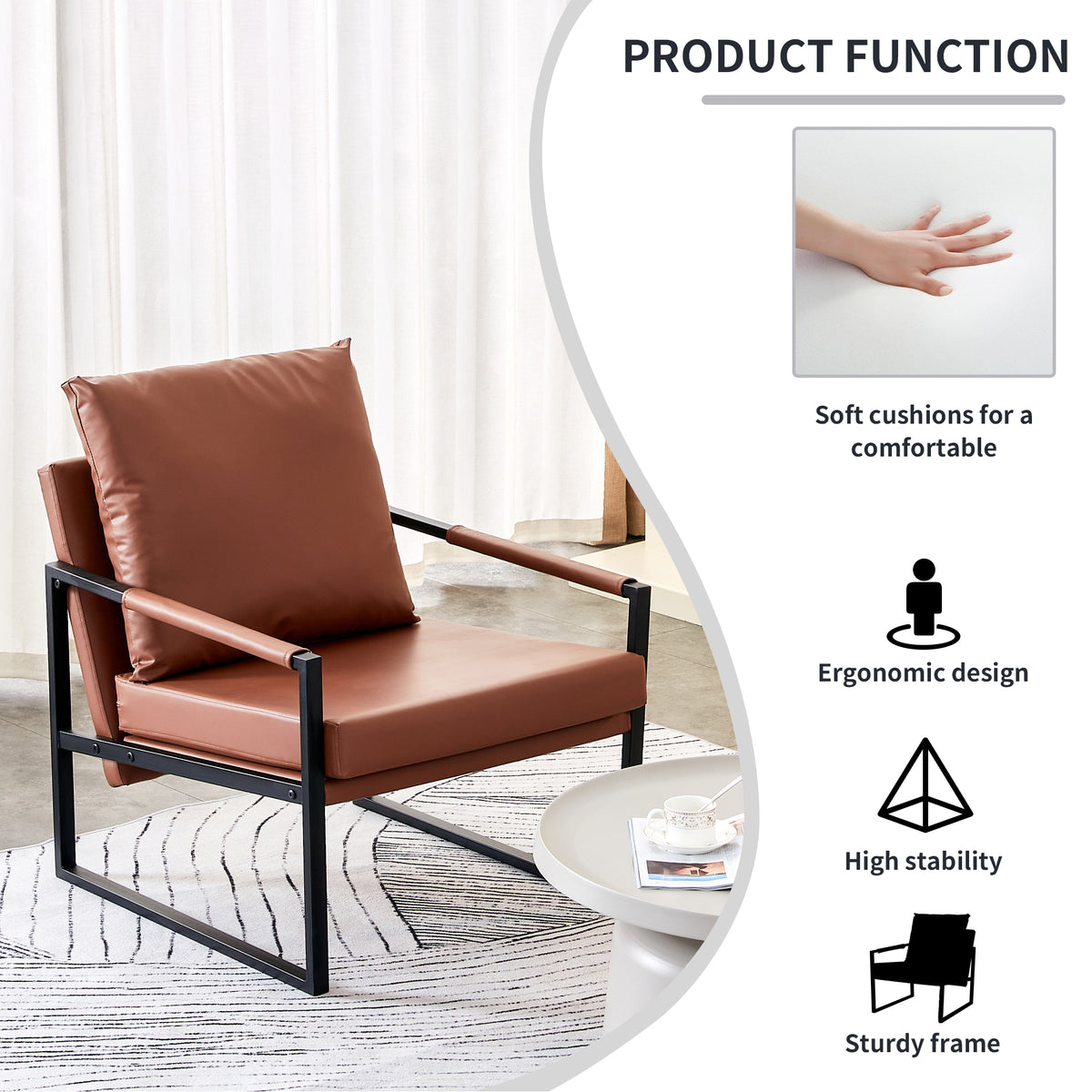 2-piece set of sofa chairs. PU leather armchair Modern metal frame upholstered armchair Super thick upholstered backrest and cushion Living room sofa chair (brown PU leather+metal frame+foam) SF-008