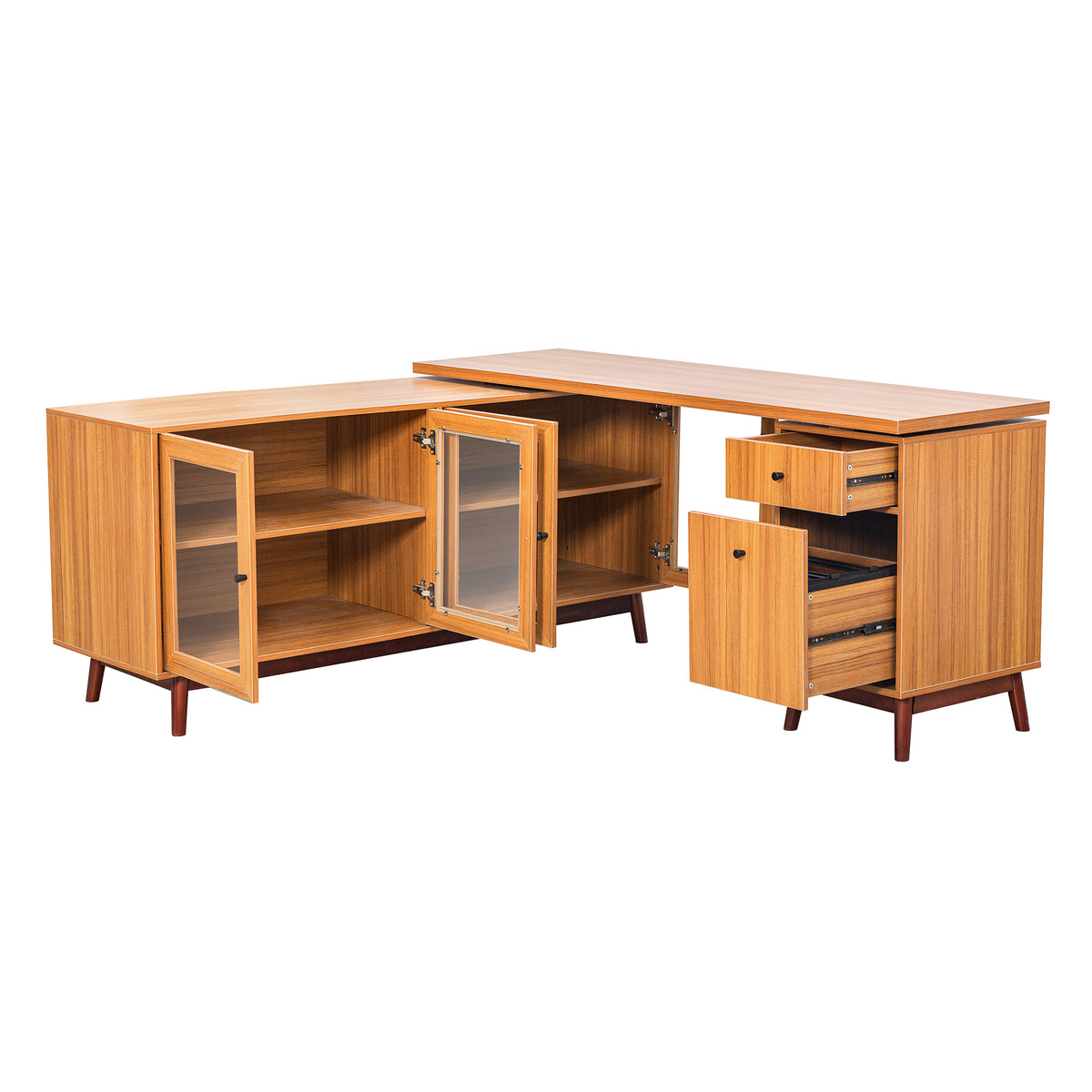 66.5" Modern L-shaped Executive Desk with delicate tempered glass Cabinet Storage,Large Office Desk with Drawers,Business Furniture Desk Workstation for Home Office,Teak