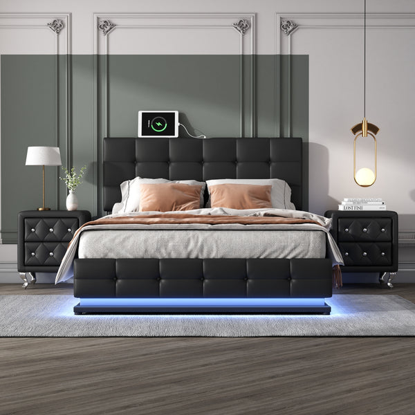 3-Pieces Bedroom Sets,Queen Size Upholstered Bed with LED Lights,Hydraulic Storage System and USB Charging Station, Two Nightstands with Crystal Decoration,Black