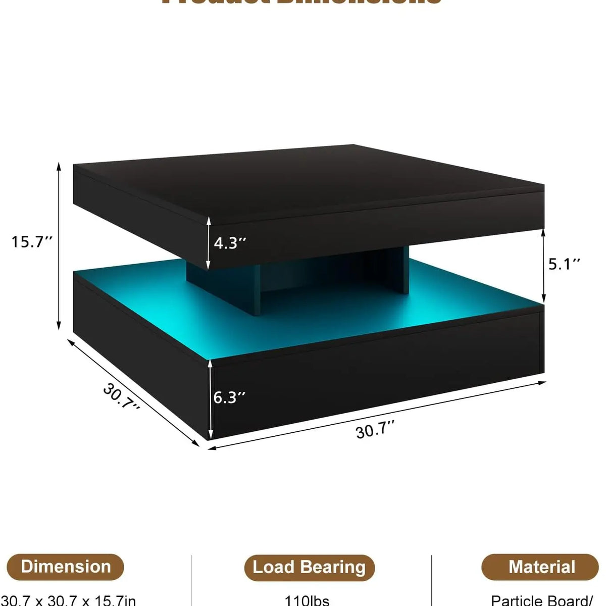 LED Coffee Table with Storage for Living Room Modern Smart Tall Square Center Table 2 Tier Display Shelf 20 Colors Light Wood