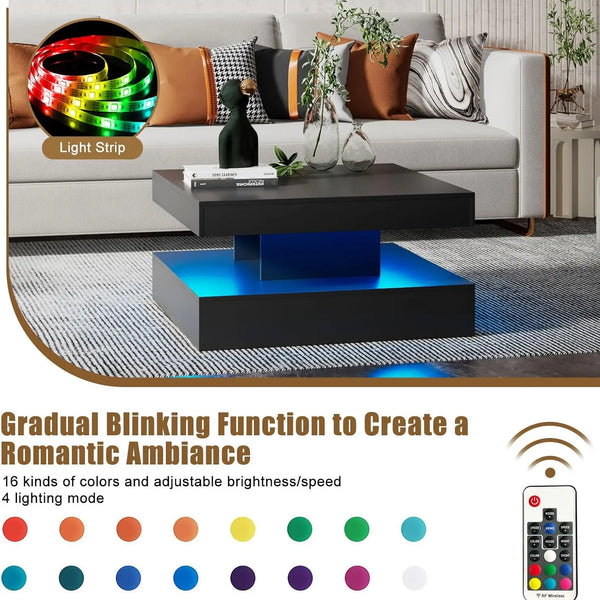 LED Coffee Table with Storage for Living Room Modern Smart Tall Square Center Table 2 Tier Display Shelf 20 Colors Light Wood