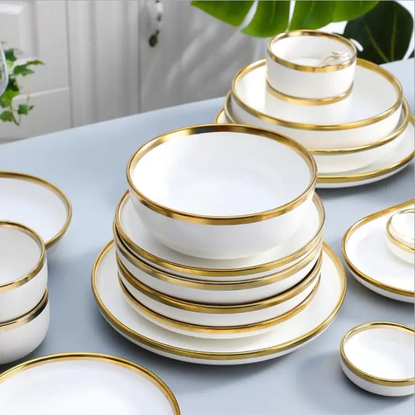 High-quality Matte Gilt Rim White Porcelain Dinner Tray Kitchen Plates Ceramic Tableware Food Dishes Rice Salad Noodles Bowl
